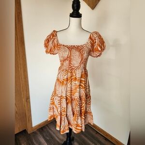 Lapogee Tropical Tiered Orange Puff Sleeve Floral Linen Blend Mini Dress